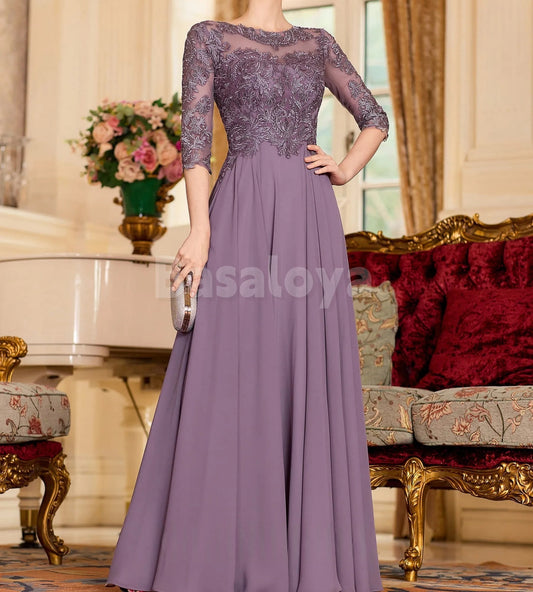 MG0016 Graceful Applique Half Sleeves A-Line Chiffon Mother of the Bridal Gown