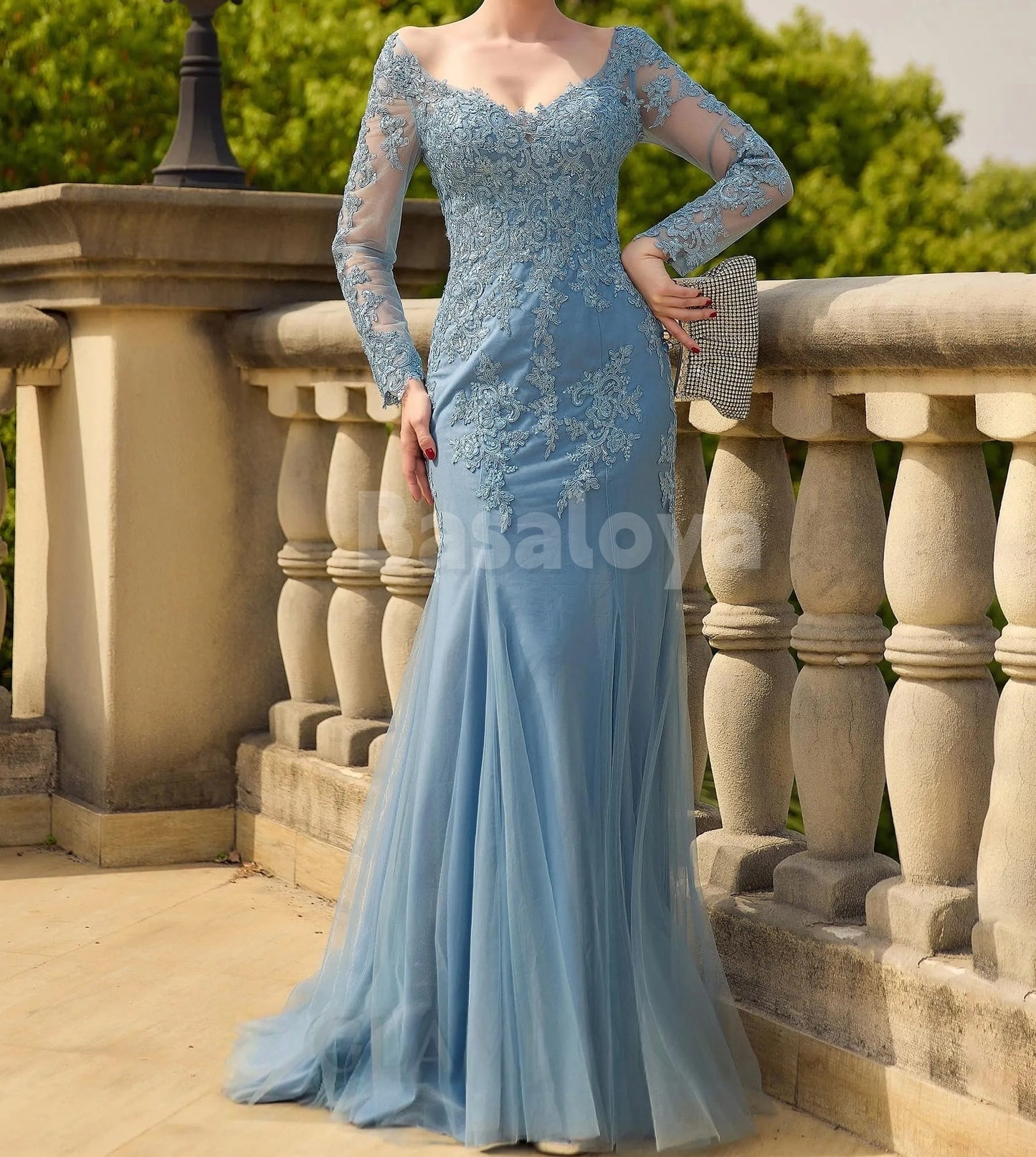 MG0019 Elegant Blue Long Sleeves V-Neck Mermaid Lace Applique Mother of Groom