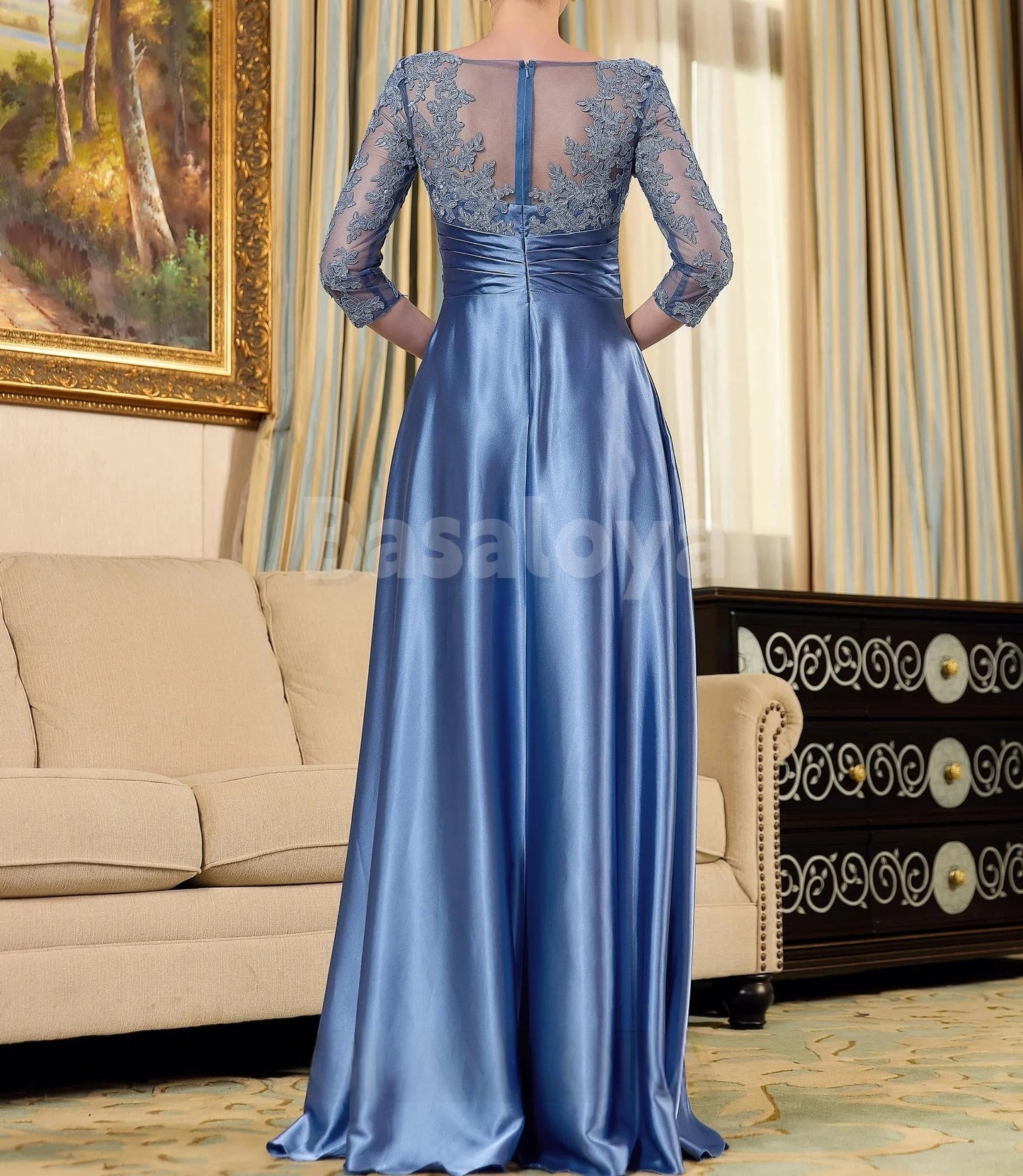 MG0020 Graceful Half Sleeves A-Line Satin Mother of Bride with Appliques