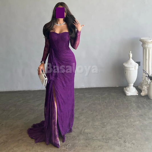 ED0101 Graceful Purple Long Sleeves Sweetheart Bodycon Evening Gown