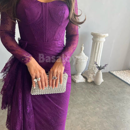 ED0101 Graceful Purple Long Sleeves Sweetheart Bodycon Evening Gown