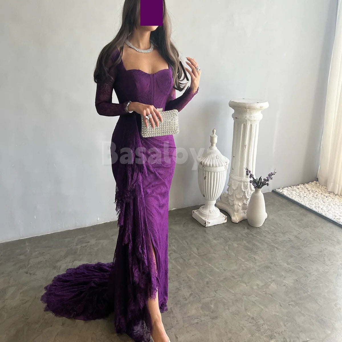ED0101 Graceful Purple Long Sleeves Sweetheart Bodycon Evening Gown