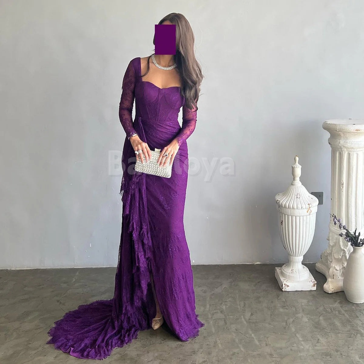 ED0101 Graceful Purple Long Sleeves Sweetheart Bodycon Evening Gown
