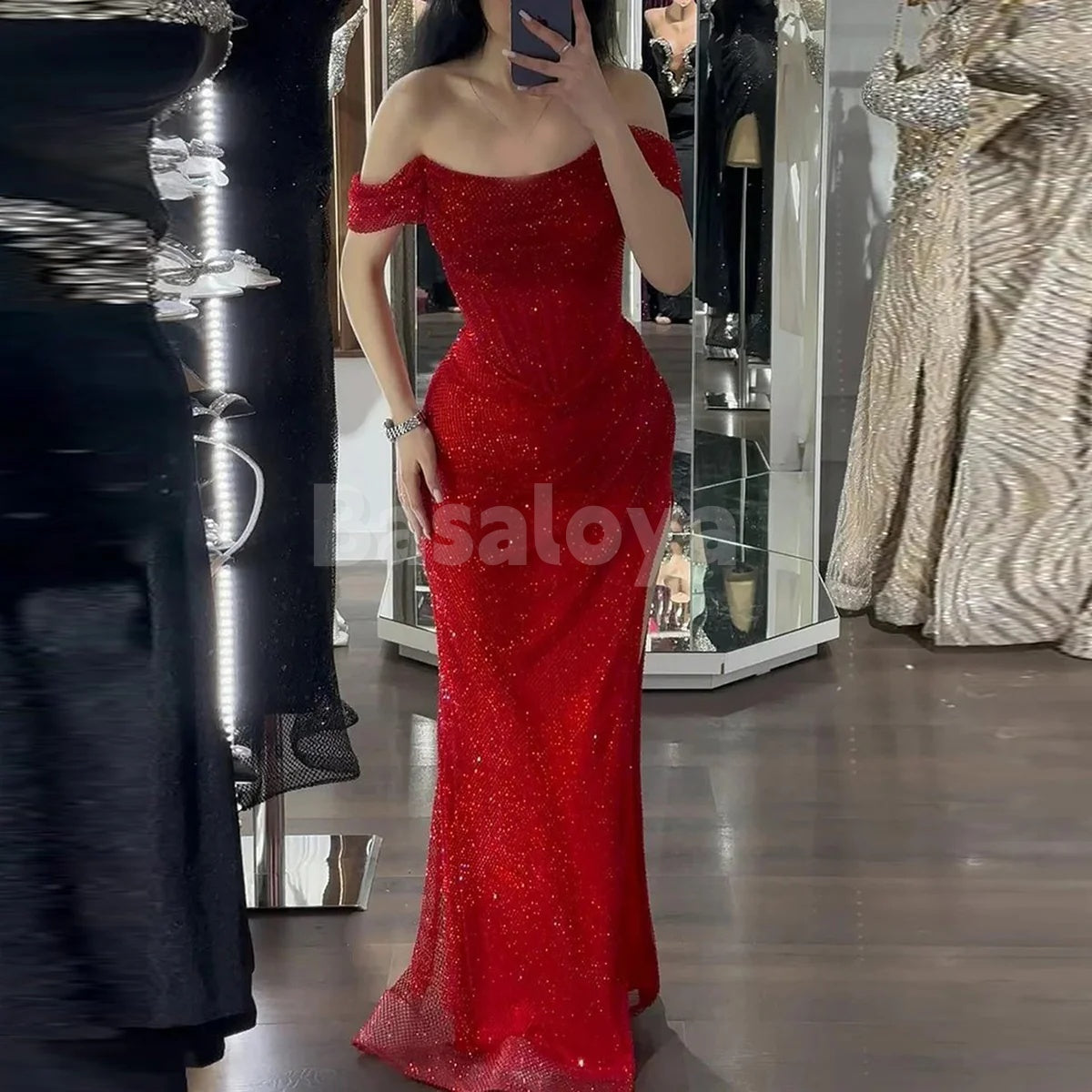 SP0110 Stunning Red Off Shoulder Sequined Prom Party Dress with Slit