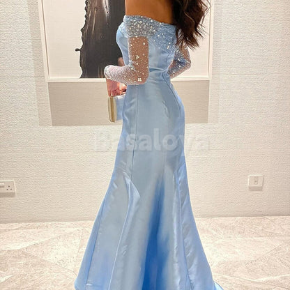 SP0111 Graceful Blue Long Sleeves Mermaid Satin Prom Dress Party Gown