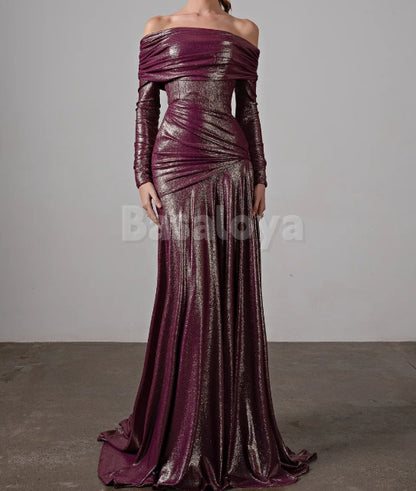 ED0103 Glamorous Tube Top Long Sleeves Straight Metallic Evening Gown