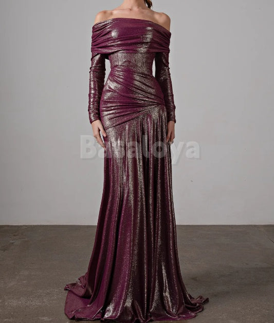 ED0103 Glamorous Tube Top Long Sleeves Straight Metallic Evening Gown