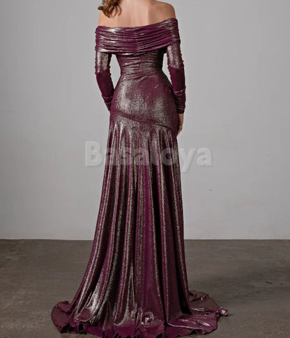 ED0103 Glamorous Tube Top Long Sleeves Straight Metallic Evening Gown