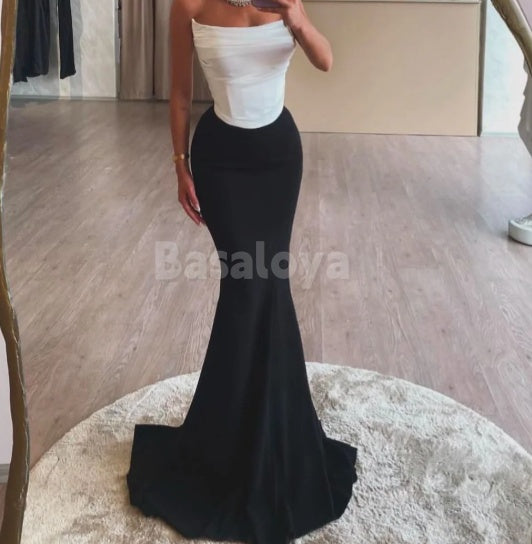 SP0112 Classic Black&White Strapless Mermaid Prom Dress with Train