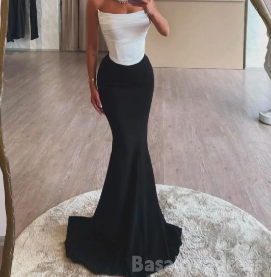 SP0112 Classic Black&White Strapless Mermaid Prom Dress with Train