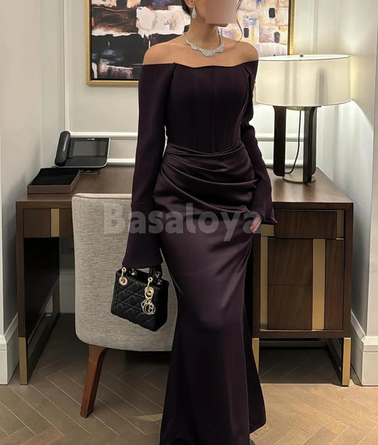 ED0104 Elegant Purple Tube Top Long Sleeve Mermaid Evening Party Gown