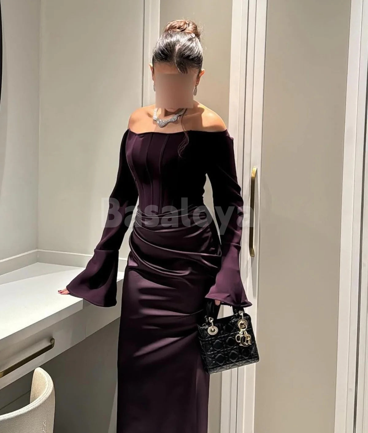 ED0104 Elegant Purple Tube Top Long Sleeve Mermaid Evening Party Gown