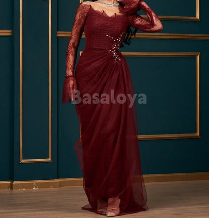 ED0106 Luxury Burgundy Long Sleeves Lace Applique Evening Gown with Beaded