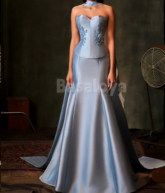 ED0108 Gorgeous Blue Sweetheart Mermaid Evening Gown with Applique