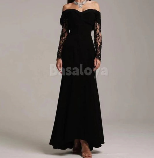 ED0109 Classic Black Long Sleeves Sweetheart Beaded Evening Dress