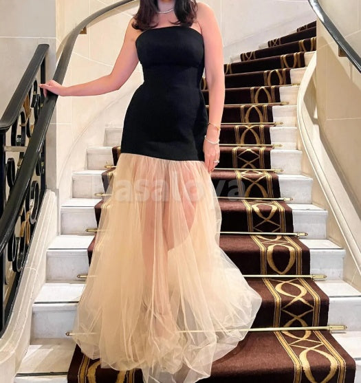 SP0119 Elegant Black Tube Top Mermaid Pleats Lace Prom Dress Formal Gown
