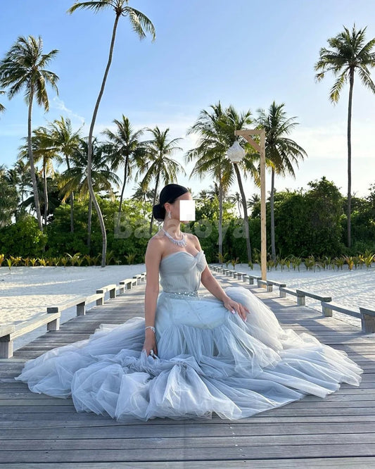 SP0120 Graceful Gray Crystal Sweetheart A-Line Tiered Lace Prom Dress