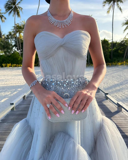SP0120 Graceful Gray Crystal Sweetheart A-Line Tiered Lace Prom Dress
