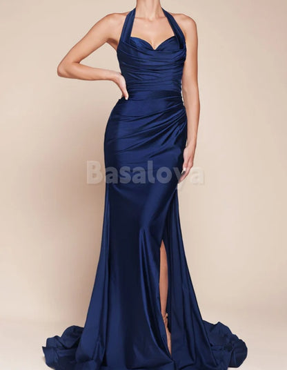 ED0111 Classic Burgundy Halter Neck Sheath Evening Prom Dress with Slit