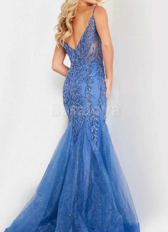 ED0112 Gorgeous Blue Sweetheart Mermaid Beaded Evening Gown with Applique