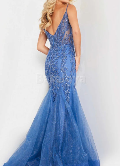 ED0112 Gorgeous Blue Sweetheart Mermaid Beaded Evening Gown with Applique