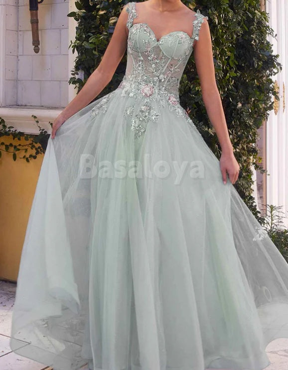 ED0114 Luxury Blue Sweetheart A-Line Sparkly Applique Evening Gown