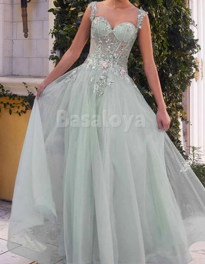ED0114 Luxury Blue Sweetheart A-Line Sparkly Applique Evening Gown