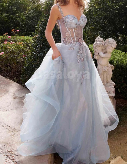 ED0114 Luxury Blue Sweetheart A-Line Sparkly Applique Evening Gown