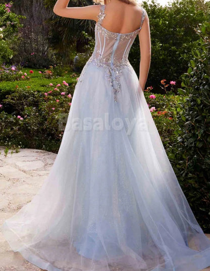 ED0114 Luxury Blue Sweetheart A-Line Sparkly Applique Evening Gown