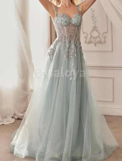 ED0114 Luxury Blue Sweetheart A-Line Sparkly Applique Evening Gown
