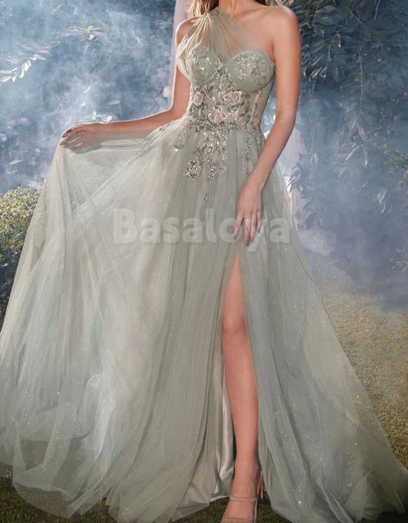 ED0115 Glamorous Sage A-Line One Shoulder Evening Gown with Appliques