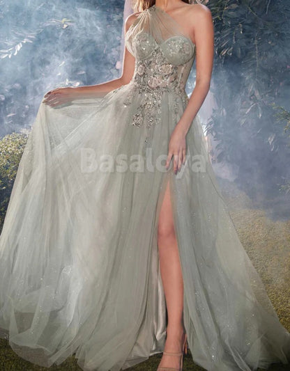 ED0115 Glamorous Sage A-Line One Shoulder Evening Gown with Appliques