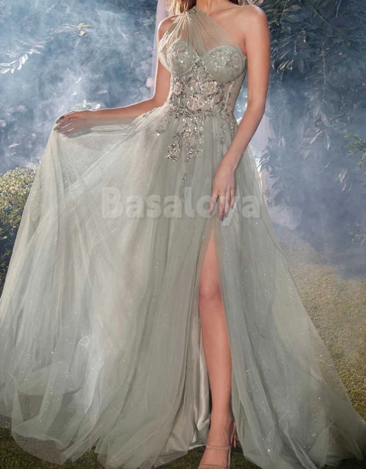 ED0115 Glamorous Sage A-Line One Shoulder Evening Gown with Appliques