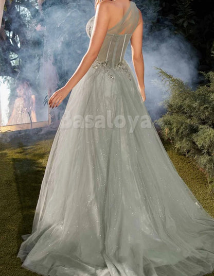 ED0115 Glamorous Sage A-Line One Shoulder Evening Gown with Appliques