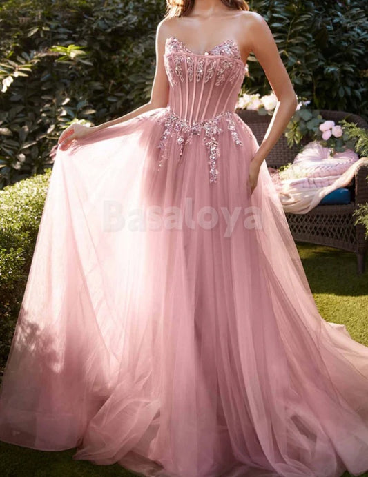 ED0116 Elegant Pink Crystal Sweetheart A-Line Lace Evening Party Gown