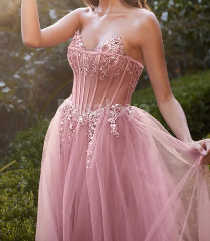 ED0116 Elegant Pink Crystal Sweetheart A-Line Lace Evening Party Gown