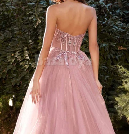 ED0116 Elegant Pink Crystal Sweetheart A-Line Lace Evening Party Gown
