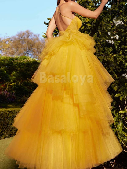 SP0127 Graceful Fuchsia Spaghetti Straps A-Line Tiered Ball Gown Prom Dress