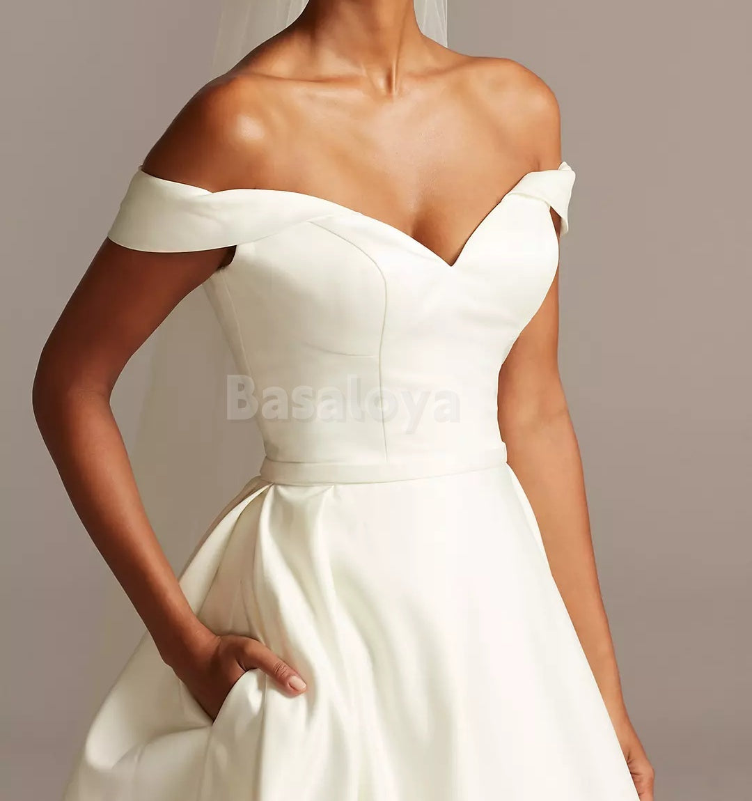 WD0002 Classic Off-Shoulder A-Line Satin Wedding Gown with Overskirt