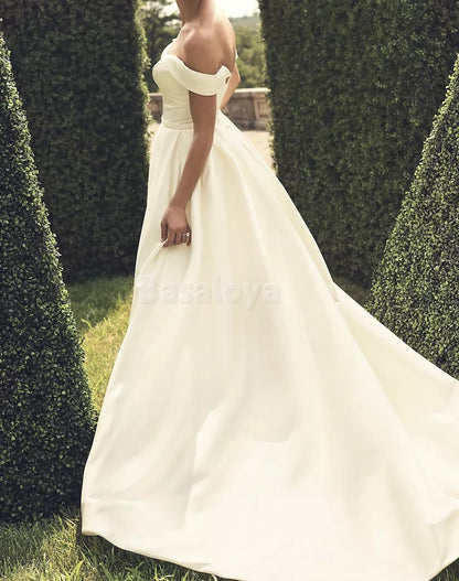 WD0002 Classic Off-Shoulder A-Line Satin Wedding Gown with Overskirt