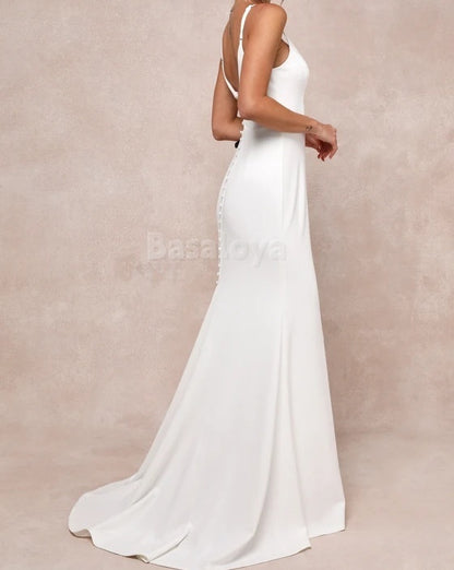 WD0009 Simple V-Neck Straps Mermaid Boho Wedding Dress Bridal Gown