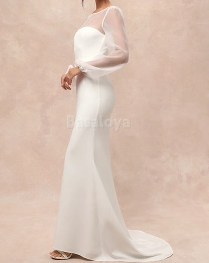 WD0016 Classic Long Sleeves Scoop Neck Mermaid Wedding Gown