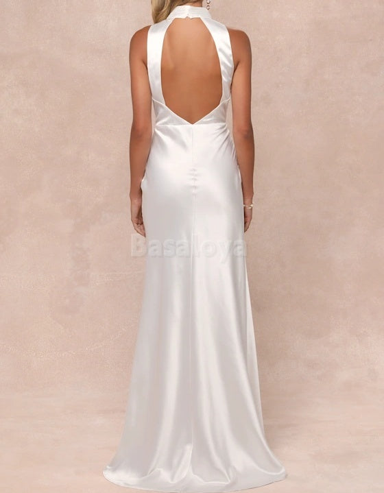 WD0019 Simple High Neck Mermaid Open Back Beach Wedding Dress Bridal Gown
