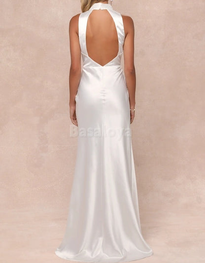 WD0019 Simple High Neck Mermaid Open Back Beach Wedding Dress Bridal Gown