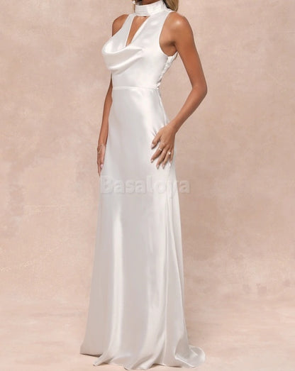 WD0019 Simple High Neck Mermaid Open Back Beach Wedding Dress Bridal Gown