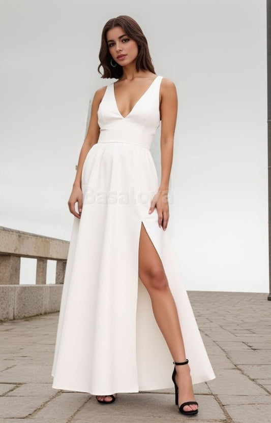 WD0012 Chic A-Line V-Neck Sleeveless Bow Beach Wedding Dress with Slit