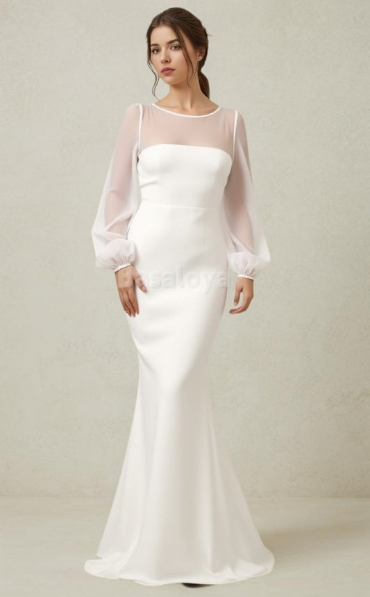 WD0016 Classic Long Sleeves Scoop Neck Mermaid Wedding Gown