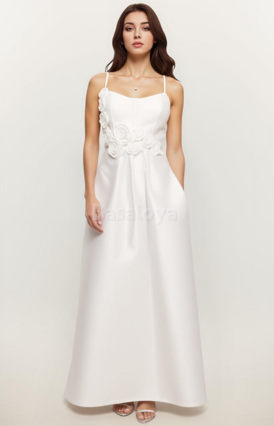 WD0017 Romantic 3D Floral Spaghetti Straps A-Line Satin Wedding Dress