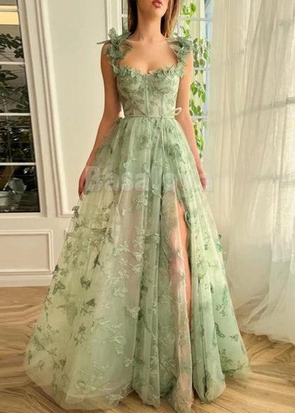 SP0130 Graceful 3D Butterfly Sage A-Line Sweetheart Prom Dress with Slit