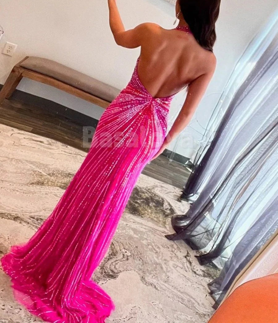 SP0131 Sexy Fuchsia Deep V-Neck Bodycon Long Prom Dress with Slit